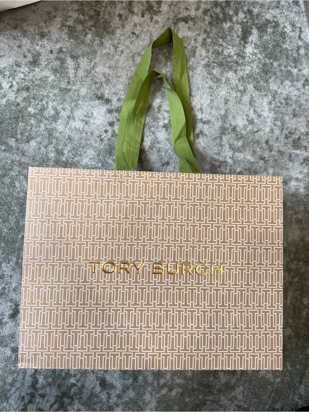 Tory Burch Beige Logo-Print Shopping Bag with Green Handles